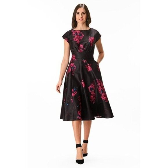 eShakti Black Size L (12) Floral Print Dupioni Banded Empire Dress Knee Length - Picture 1 of 12